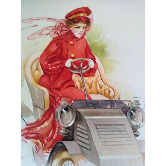 Victorian Art Print Lady Driving Jalopy Car Original 10X13 Litho 1908 Maud Stumm - Picture 1 of 7
